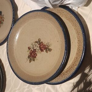 2 Monroe Salt Works salt glazed stoneware pottery Floral Design 11”dinner plate